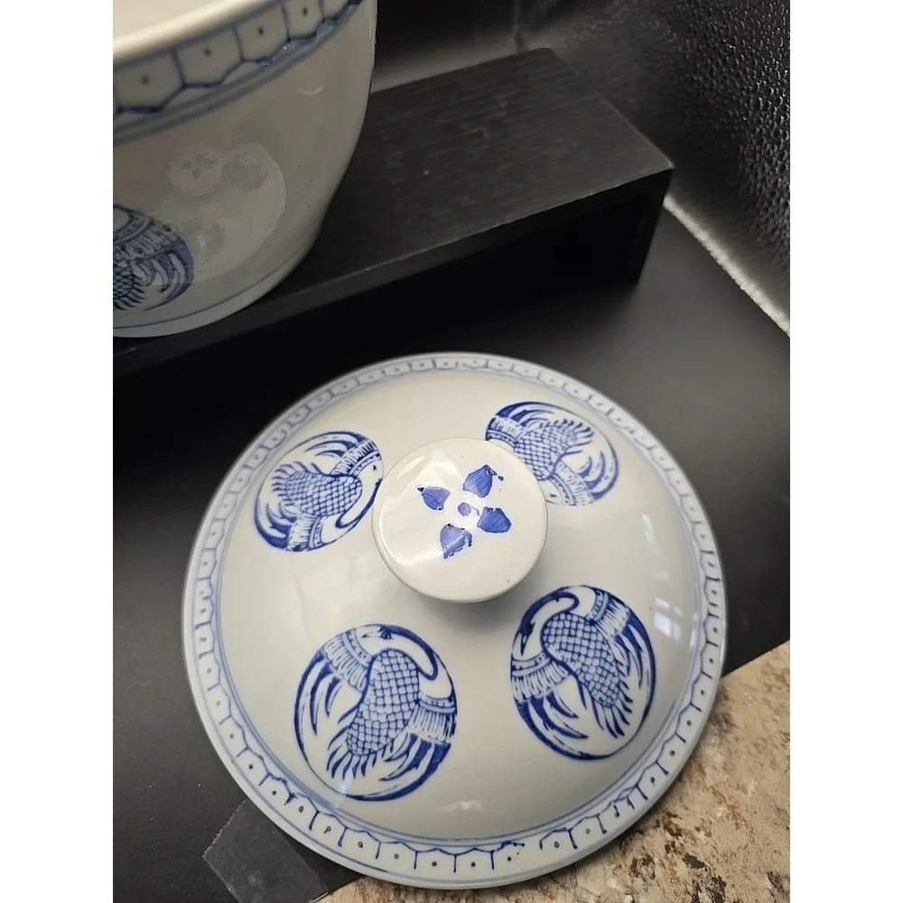 Blue and White Lidded Soup Tureen Or Rice Bowl with Phoenix‎ Crane Design